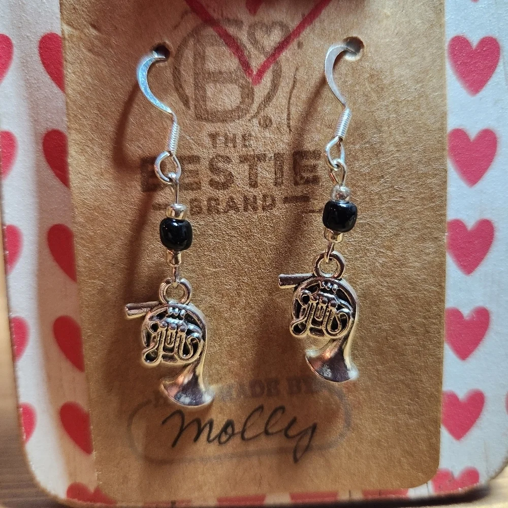 Silver in Color French Horn Charm Black Bead Dangle Band Earrings Music Class